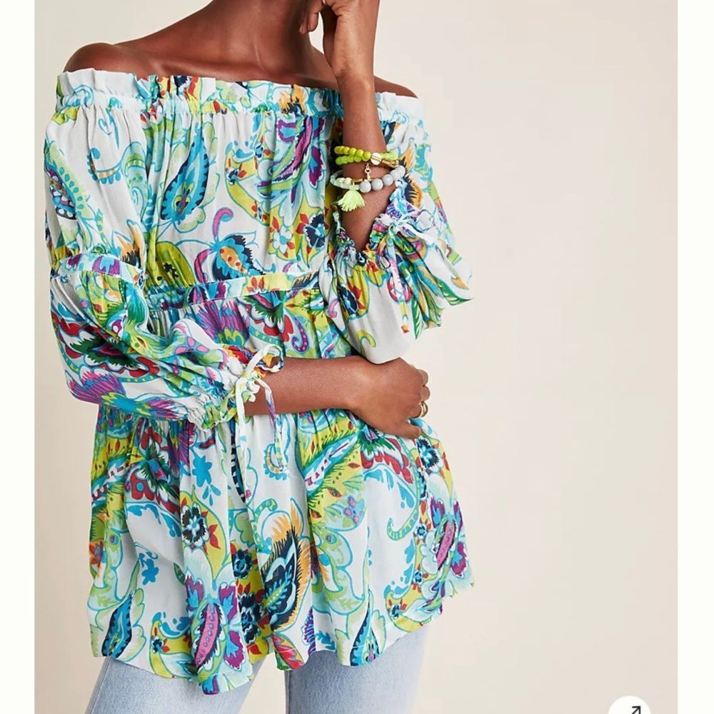 NWT Sheer Maeve Anthropologie Frankie Off-The-Shoulder Blouse Colorful SZ Small